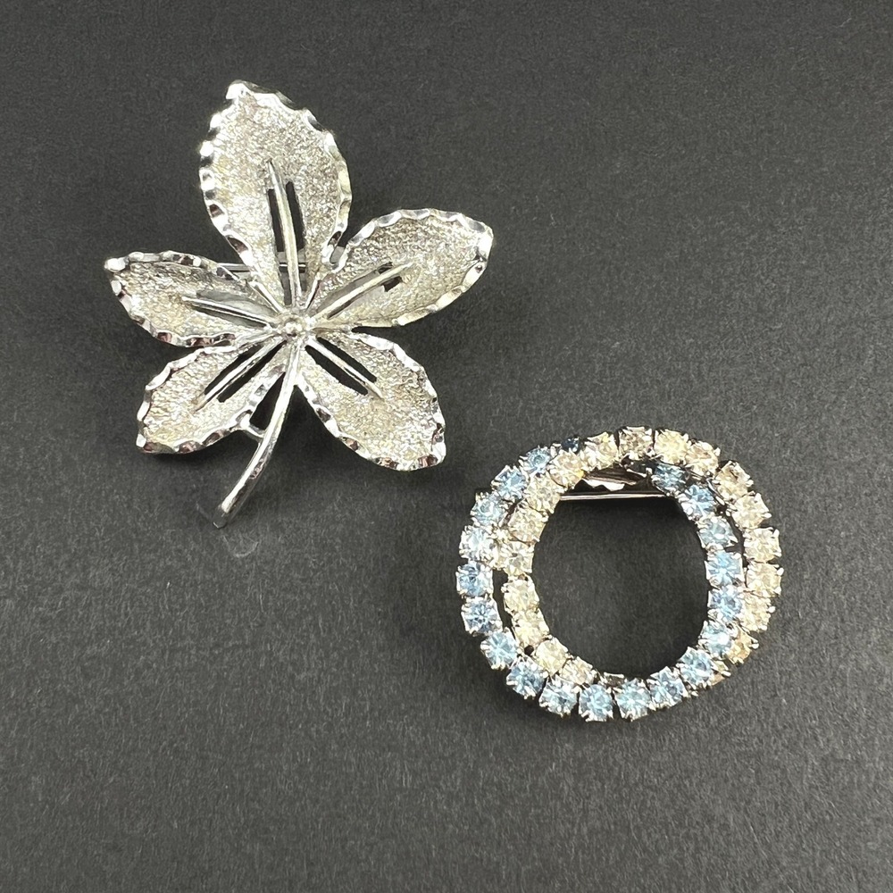 Vintage Brooch Lot Silver Tone Leaf Rhinestone Wreath Blue Clear Some Signed
